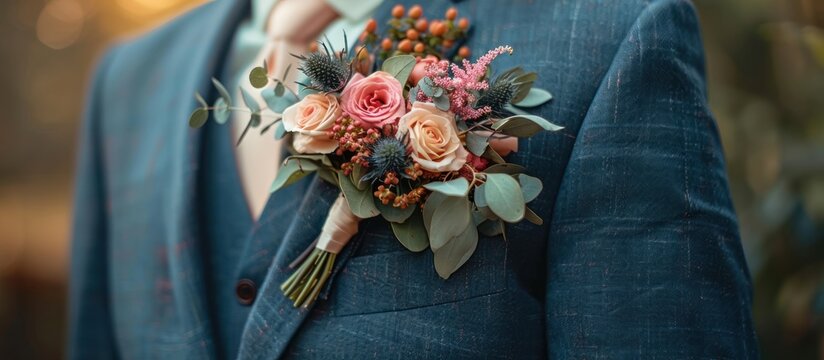 Man in blue suit with bouquet on lapel