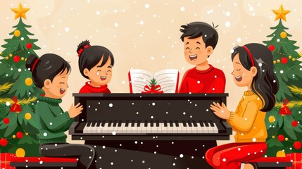 Create a scene of families singing Christmas carols around a piano, with voices raised in harmony and smiles on their