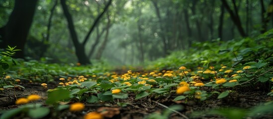 Dense forest abloom with yellow flowers