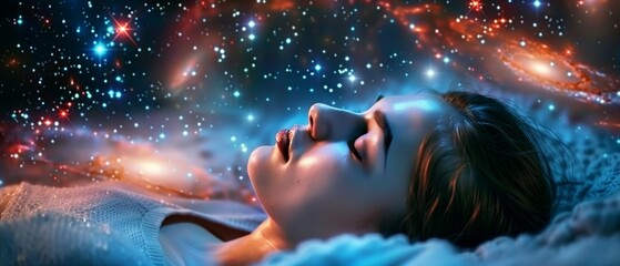 attractive charming young woman laying down sleeping dreaming of the galaxy space and universe
