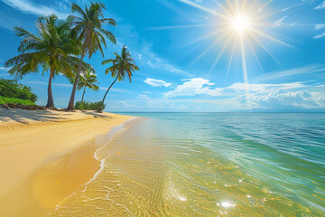 A tropical beach with soft golden sand and shallow, turquoise water, with palm trees providing shade under a radiant sun