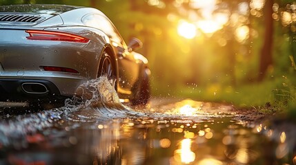 Produce an image of a car skidding on wet pavement and bumping into a curb.
