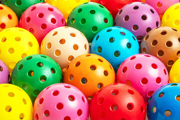 Colorfull Pickleballs...yellow, pink, red blue, green orange, gold, tan, purple...