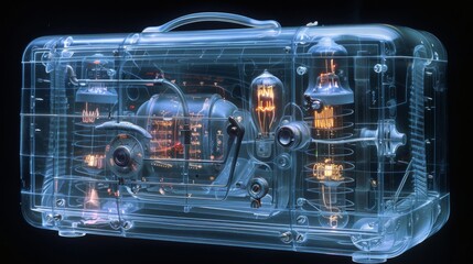 X-ray scan of a vintage radio, revealing the tubes, wires, and internal circuitry.