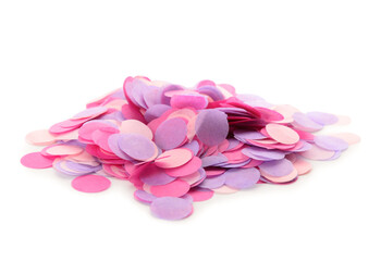 Colorful purple confetti on white background