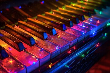Abstract piano keys illuminated with colorful lights, creating an enchanting and musical atmosphere...