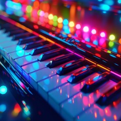 Abstract piano keys illuminated with colorful lights, creating an enchanting and musical atmosphere for music-themed designs.
