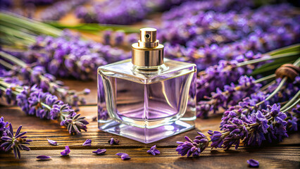Perfume bottle close-up on background with lavender flowers, product presentation.