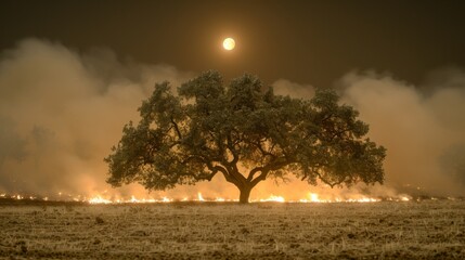 Capture the devastation of a wildfire with images of scorched landscapes, raging flames, and firefighters battling the blaze amid intense