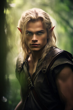 Handsome blond elf man in the fantasy mythical forest.