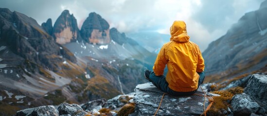 Person in yellow jacket sitting on mountain summit - Powered by Adobe