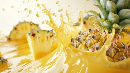 Ripe Pineapple With Fresh Slices Making Yellow Juice Splash Isolated On White Background For Refreshing Exotic Tropical Drink Concept