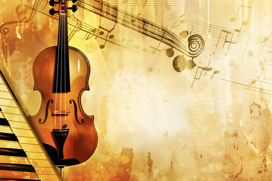 violin and piano keys with musical notes in the background set against a golden textured backdrop