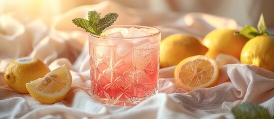 Refreshing drink with lemons in a glass