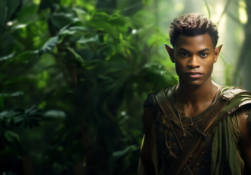 Handsome African American young elf man in the fantasy mythical forest.