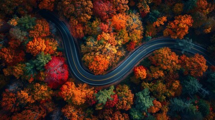 Aerial shot of a lonely road winding through vibrant autumn trees --ar 16:9 Job ID: 831a37e0-3a20-4e5a-990f-b13384b1def1 - Powered by Adobe