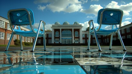 An outdoor view of a modern building with tall window arches and domes, surrounded by a plaza with two blue chairs on a tiled floor under a partly cloudy sky