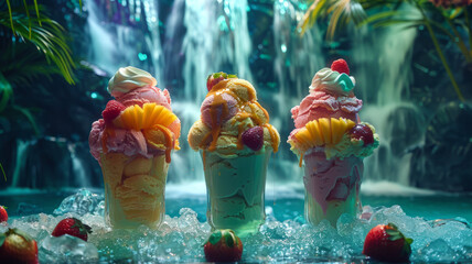 Three ice cream sundaes with fruit toppings near a waterfall.