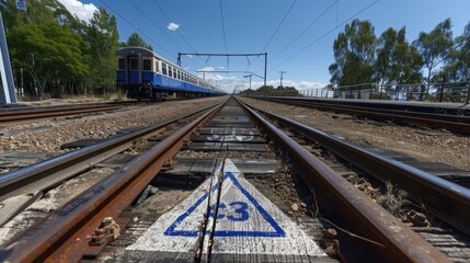 Fototapeta premium A vibrant blue and white train travels down the railway tracks on a clear sunny day captured from a low angle view with blue sky and trees in the background