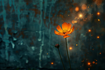 blooming flower with magical lights surrounding it set against a dark textured background