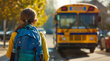 
rear view a young schoolboy with a backpack walks to the school bus