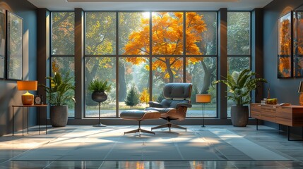 A serene, modern living room with large glass windows showcasing a vibrant autumn landscape, complete with lush green indoor plants and sophisticated furnishings