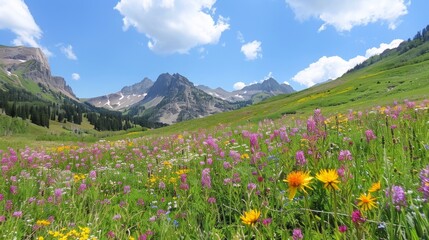 Alpine meadow with wildflowers blooming, mountains in the background