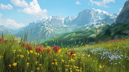Alpine meadow with wildflowers blooming, mountains in the background