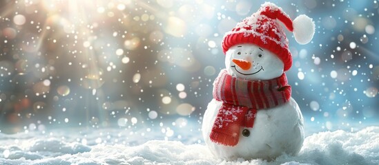 Cheerful snowman in red hat and scarf