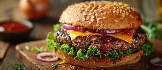 Homemade hamburger with cheese and onions on cutting board