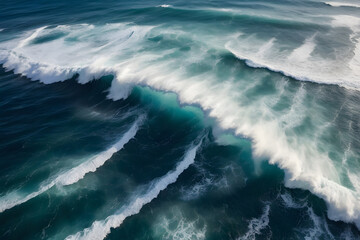 Naklejka premium Spectacular aerial top view background photo of ocean sea water white wave splashing in the deep sea. Drone photo backdrop of sea wave in bird eye waves.