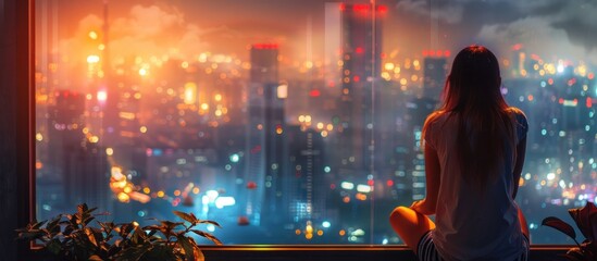 Woman sitting on window sill looking out at night city