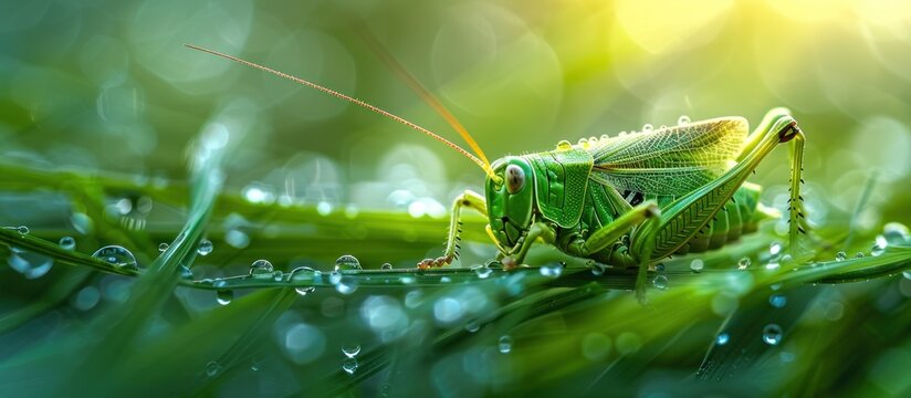 Close up of grasshopper on blade of grass