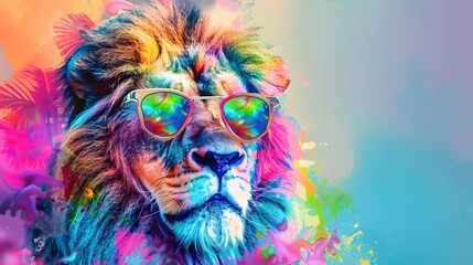 Abstract animal king of Lion portrait with colorful Afro hairs wearing sunglasses in Hawaii dress theme, Vibrant bright gradients background