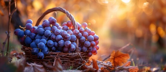 Basket of grapes on leaves