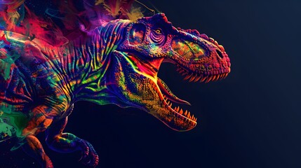 Abstract of Tyrannosaurus rex or T-rex dinosaur portrait in Cretaceous period with multi colored colorful isolated on clean png background, Vibrant bright, with Generative AI.
