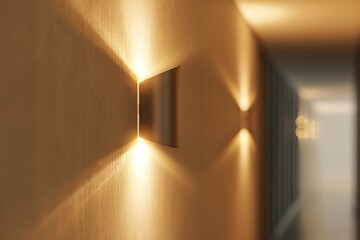 A minimalist close-up of a positioned wall light with sleek design and soft illumination casting a warm glow