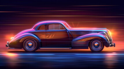 Obraz premium Illustrate a neon light installation of a vintage car, speeding through the night with its luminous headlights and sleek silhouette.