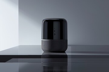 A smart device, likely a digital voice assistant speaker, placed on a table, reflecting softly on the surface below