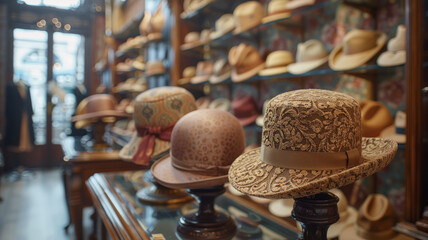 Various hats displayed on stands in a vintage hat shop