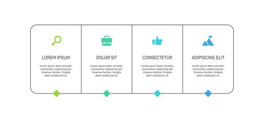 Horizontal progress bar featuring 4 arrow-shaped elements, symbolizing the four stages of business strategy and progression. Clean timeline infographic design template. Vector for presentation