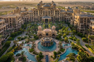 Aerial view of a large hotel building with a fountain in front, showcasing its grandeur and elegant architecture - Powered by Adobe