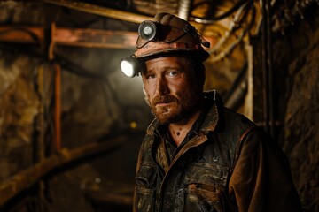 A confident miner wearing a hard hat stands in a dimly lit room, ready for work