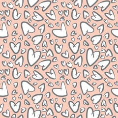Seamless abstract geometric pattern. Simple background in grey, pink and white colors. Hearts. Digital textured background. Design for textile fabrics, wrapping paper, background, wallpaper, cover.