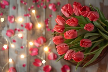 A vase filled with pink tulips placed next to a string of lights on a wooden table, surrounded by scattered petals