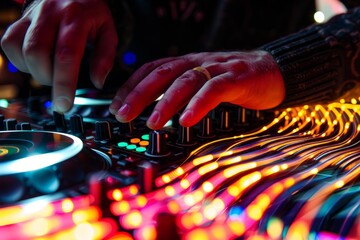 DJ expertly manipulates turntables with colorful LED lights in closeup shot