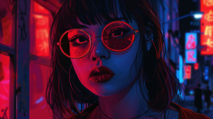 A girl with bangs and round glasses, red neon light in the background, cyberpunk art style,