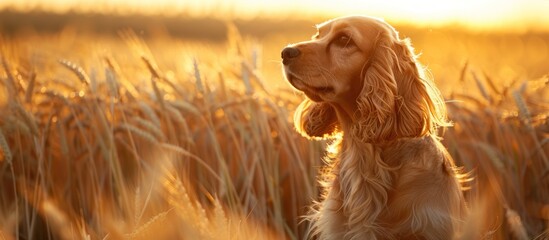 Cocker spaniel sitting in tall grass field