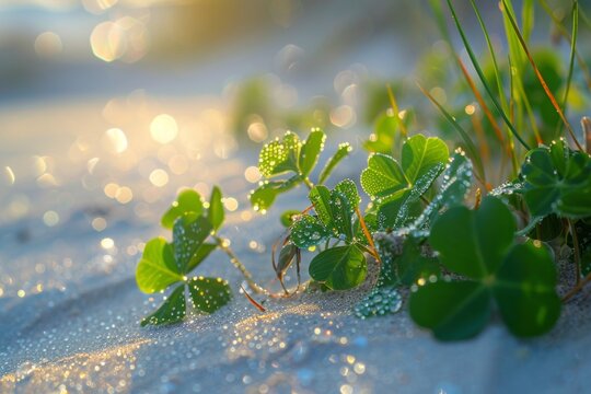 Beautiful lovely oister in the sand with morning dew, macro, soft focus