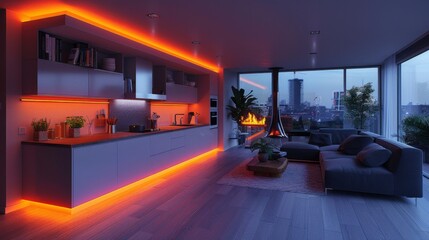 Illuminate your modern kitchen at night with LED strips installed along the cabinets and a built-in TV screen, providing both